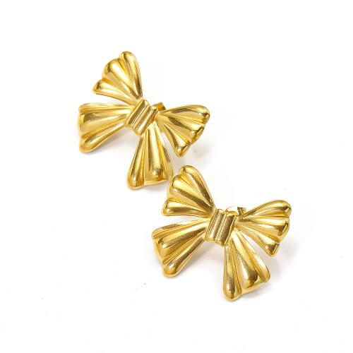 Boucle d'oreille Acier Titane, Noeud papillon, Placage de couleur d'or, bijoux de mode, doré, 30x26mm, Vendu par paire