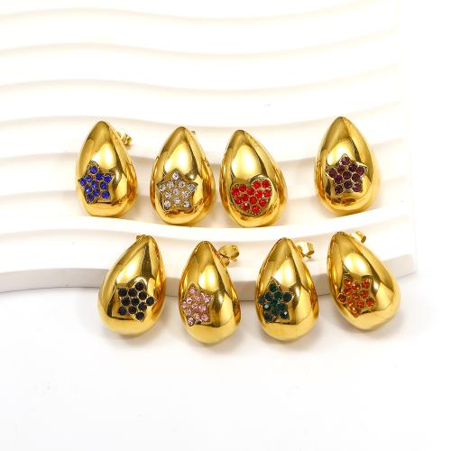 Titanium Steel  Earring, Teardrop, gold color plated, fashion jewelry & with rhinestone, more colors for choice, 16x25mm, Sold By Pair