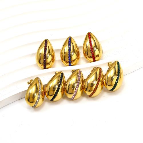 Titanium Steel  Earring, Teardrop, gold color plated, fashion jewelry & with rhinestone, more colors for choice, 16x25mm, Sold By Pair