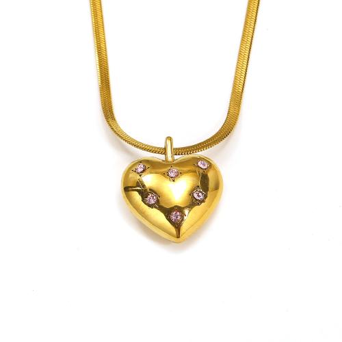 Titanium Steel Necklace, with 5cm extender chain, Heart, gold color plated, fashion jewelry & with rhinestone, golden, 20x21mm, Length:50 cm, Sold By PC