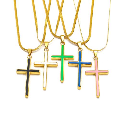 Titanium Steel Necklace, with 5cm extender chain, Cross, gold color plated, fashion jewelry & enamel, more colors for choice, 25x56mm, Length:50 cm, Sold By PC