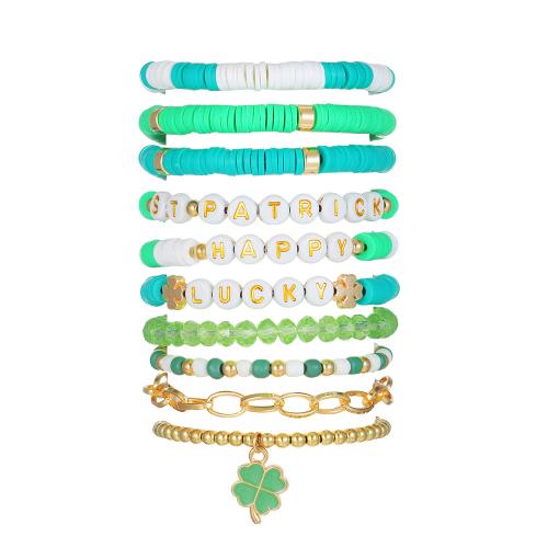 Bracelet en alliage de zinc, argile de polymère, avec fil élastique & alliage de zinc, 10 pièces & pour femme & émail, vert, Vendu par fixé