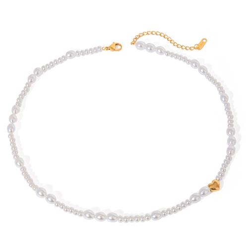 Collar de acero inoxidable de la joyería, acero inoxidable 304, con Perlas de vidrio, con 1.96 Inch extender cadena, chapado, para mujer, Blanco, longitud:15.94 Inch, Vendido por UD