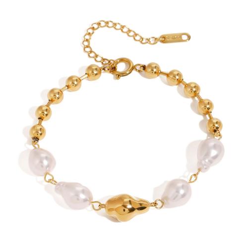 Stainless Steel Jewelry Bracelet, 304 Stainless Steel, with Glass Pearl, with 1.96 Inch extender chain, plated, fashion jewelry & for woman, golden, Length:7.48 Inch, Sold By PC