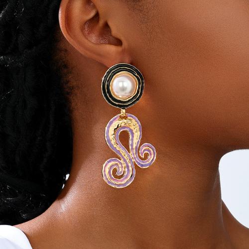 Tibetan Style Stud Earring, with Plastic Pearl, plated, for woman & enamel, purple, Sold By Pair