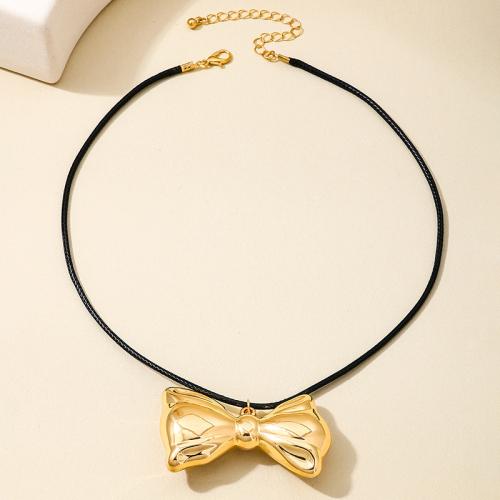 Tibetan Style Jewelry Necklace, with leather cord, Bowknot, plated, for woman, gold, Sold By PC