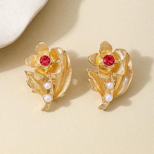 Tibetan Style Stud Earring, with Plastic Pearl, petals, plated, micro pave cubic zirconia & for woman, gold, Sold By Pair