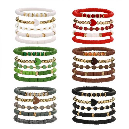 Stainless Steel Jewelry Bracelet, 304 Stainless Steel, with Polymer Clay & Crystal, handmade, 5 pieces & elastic & for woman, more colors for choice, Diameter 6-12cm, Sold By Set