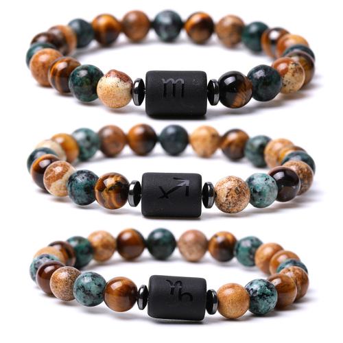 Turquoise africain bracelet, avec jaspe de photo & oeil de tigre, 12 Signes du Zodiaque, fait à la main, unisexe & styles différents pour le choix, Longueur:Environ 7.3-7.5 pouce, Vendu par PC