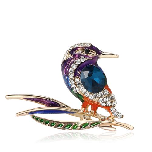 Tibetan Style Brooches, Woodpecker, for woman & with rhinestone, multi-colored, 31x45mm, Sold By PC