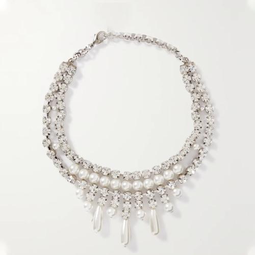 Brass Necklace, with Plastic Pearl, fashion jewelry & for woman & with rhinestone, silver color, Length:Approx 40 cm, Sold By PC