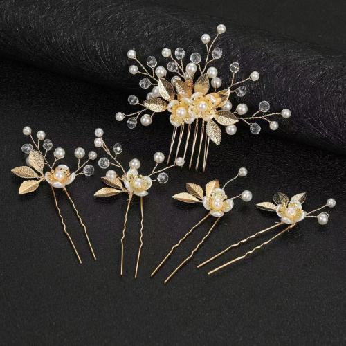 Tibetan Style Hair Jewelry Set, hair comb & hair stick, with Crystal & Plastic Pearl, 5 pieces & fashion jewelry & for woman, more colors for choice, Hair comb:10*8cm, medium hairpin:10*5.5cm, small hairpin:8.5*4cm, Sold By Set