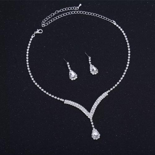 Rhinestone Jewelry Sets, earring & necklace, with 5cm extender chain, 2 pieces & fashion jewelry & for woman, more colors for choice, earring 25*8mm, Length:Approx 45 cm, Sold By Set