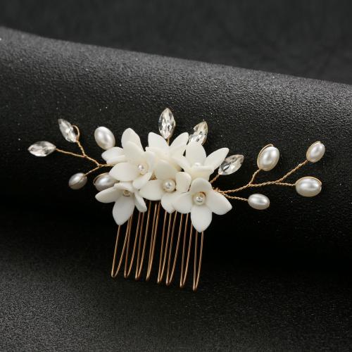 Decorative Hair Combs, Plastic Pearl, with brass wire & Porcelain, fashion jewelry & for woman & with rhinestone, more colors for choice, 100x50mm, Sold By PC