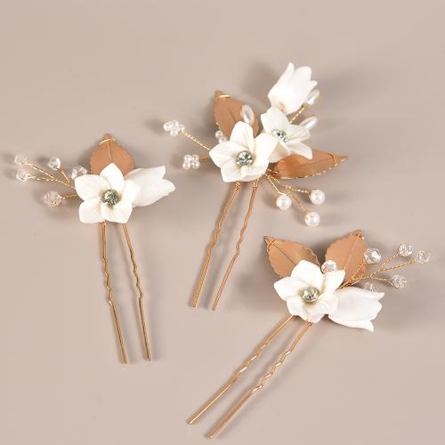 Hair Stick, Iron, with brass wire & Porcelain & Plastic Pearl, three pieces & fashion jewelry & for woman, 40x100mm, Sold By Set