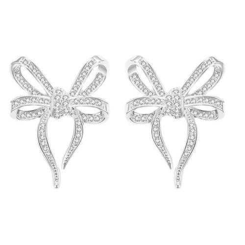 Boucles d'oreilles en laiton zircon cubique pavent, Noeud papillon, bijoux de mode & pavé de micro zircon & pour femme, 37x28mm, Vendu par paire