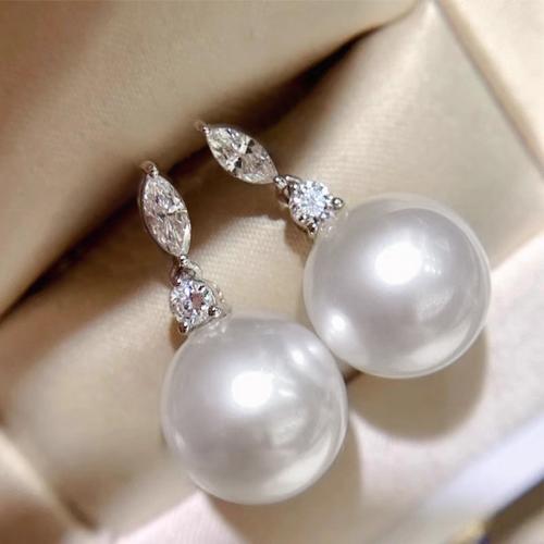 Boucles d'oreilles en laiton zircon cubique pavent, avec perle de plastique, bijoux de mode & pavé de micro zircon & pour femme, 24mm, Vendu par paire