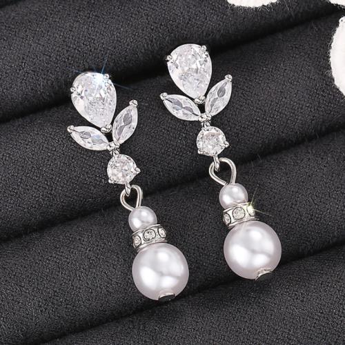 Cubic Zirconia Micro Pave Brass Earring, with Plastic Pearl, fashion jewelry & micro pave cubic zirconia & for woman, 34mm, Sold By Pair