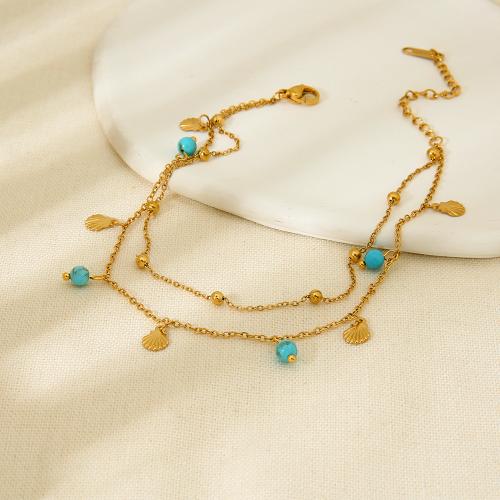 Stainless Steel Anklet, 304 Stainless Steel, with Turquoise, with 5cm extender chain, 18K gold plated, Double Layer & fashion jewelry & for woman, golden, Length:Approx 22.5 cm, Approx 23.5 cm, Sold By PC