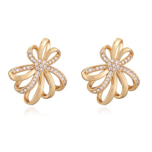 Boucles d'oreilles en laiton zircon cubique pavent, fleur, Placage, bijoux de mode & pavé de micro zircon & pour femme, plus de couleurs à choisir, protéger l'environnement, sans nickel, plomb et cadmium, 18x22mm, Vendu par paire