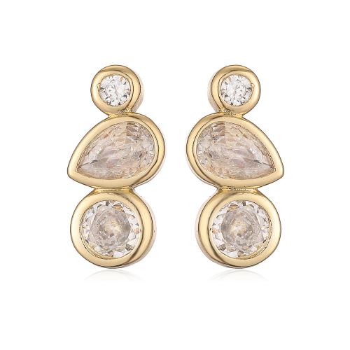 Brass Stud Earring, with Cubic Zirconia, gold color plated, fashion jewelry & for woman, nickel, lead & cadmium free, 7x14mm, Sold By Pair