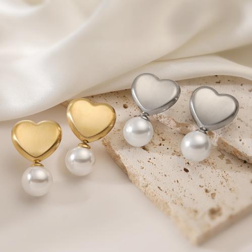 Titanium Steel  Earring, with Plastic Pearl, Heart, plated, for woman, more colors for choice, Sold By Pair