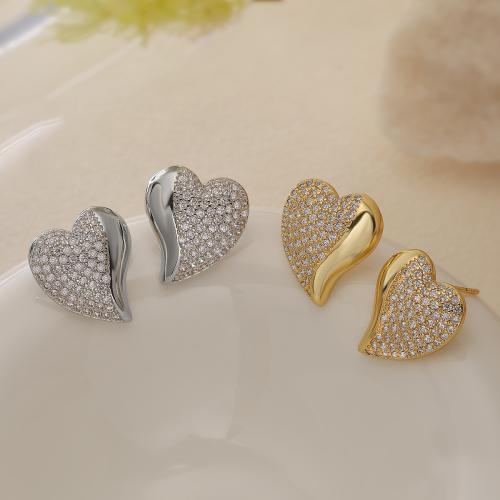 Cubic Zirconia Micro Pave Brass Earring, Heart, plated, micro pave cubic zirconia & for woman, more colors for choice, nickel, lead & cadmium free, Sold By Pair