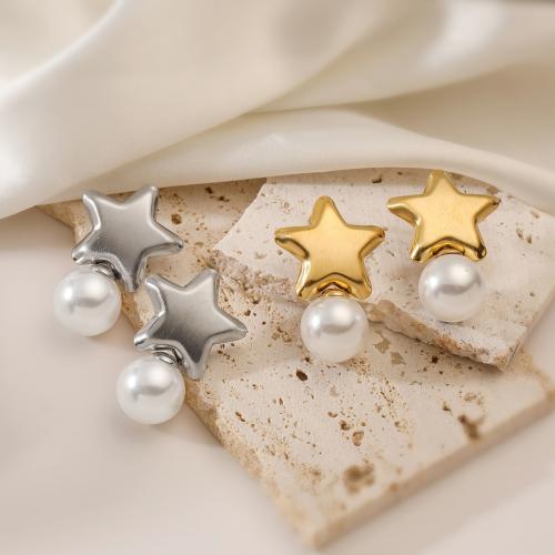 Titanium Steel  Earring, with Plastic Pearl, Star, plated, for woman, more colors for choice, Sold By Pair