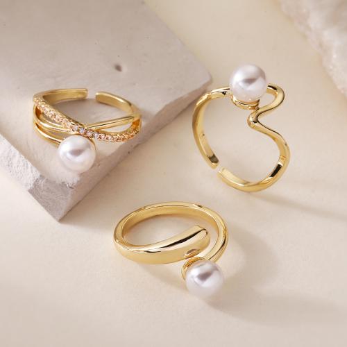 Cubic Zirconia Micro Pave Brass Ring, with Plastic Pearl, gold color plated, different styles for choice & micro pave cubic zirconia & for woman, more colors for choice, nickel, lead & cadmium free, Sold By PC