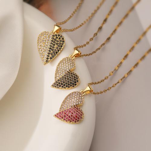 Collier en laiton cubique Zircon Micro Pave, coeur, Placage de couleur d'or, styles différents pour le choix & pavé de micro zircon & pour femme, plus de couleurs à choisir, protéger l'environnement, sans nickel, plomb et cadmium, Vendu par PC