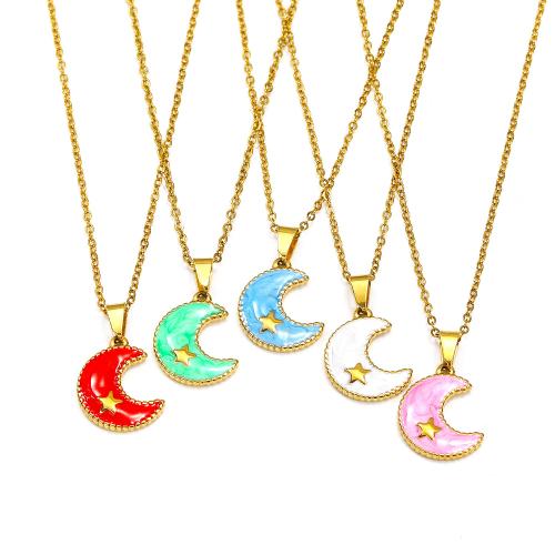 Titanium Steel Necklace, with 5cm extender chain, Moon, gold color plated, fashion jewelry & enamel, more colors for choice, 13x22mm, Length:45 cm, Sold By PC