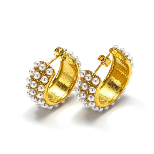 Titanium Steel  Earring, with Plastic Pearl, gold color plated, fashion jewelry, golden, Sold By Pair