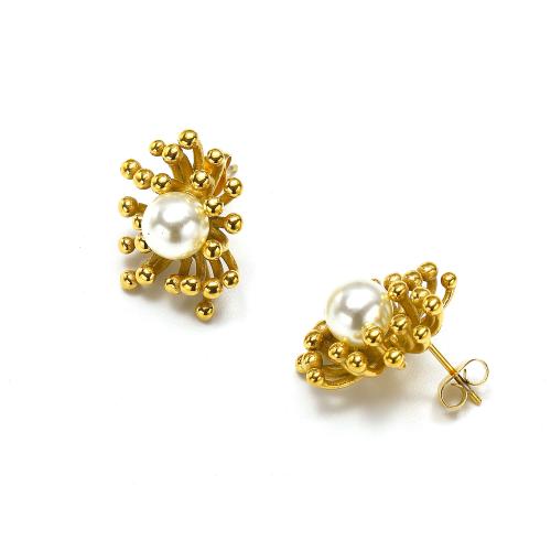 Boucle d'oreille Acier Titane, avec perle de plastique, Placage de couleur d'or, bijoux de mode, doré, 15x21mm, Vendu par paire