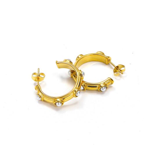 Titanium Steel  Earring, with Plastic Pearl, gold color plated, fashion jewelry, golden, Sold By Pair