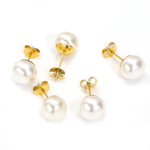 Titanium Steel  Earring, with Plastic Pearl, gold color plated, fashion jewelry, golden, 10x21mm, Sold By Pair