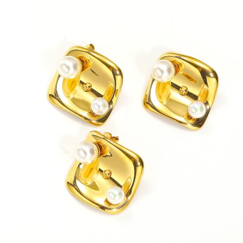 Titanium Steel  Earring, with Plastic Pearl, gold color plated, fashion jewelry, golden, Sold By Pair