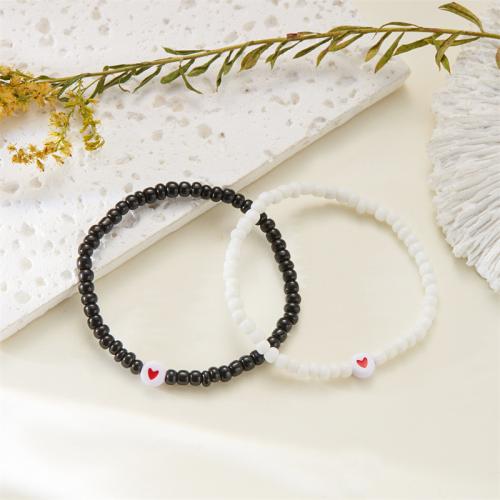 Pareja pulsera y brazalete, plástico recubierto de cobre, con Hilo elástico, hecho a mano, 2 piezas & unisexo & diferentes estilos para la opción, en blanco y negro, longitud:7.09 Inch, Vendido por Set