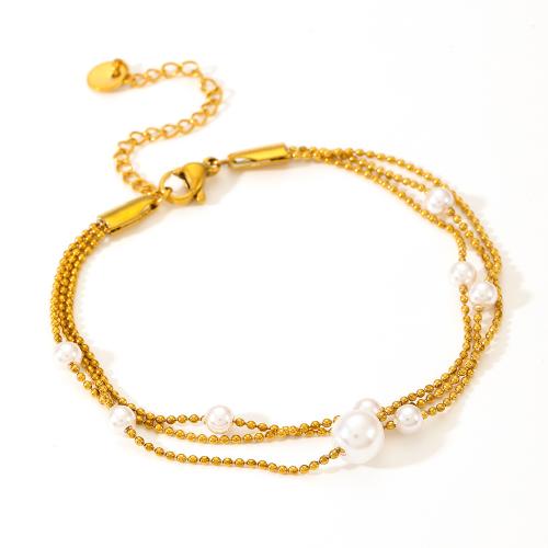 Stainless Steel Jewelry Bracelet, 304 Stainless Steel, with Plastic Pearl, with 5cm extender chain, plated, three layers & fashion jewelry & for woman, more colors for choice, Length:16 cm, Sold By PC