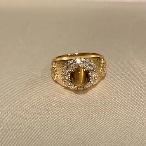 Anillo de dedo de latón, metal, con Ojo de tigre, diferentes estilos para la opción & para mujer & con diamantes de imitación, dorado, tamaño:7, Vendido por UD