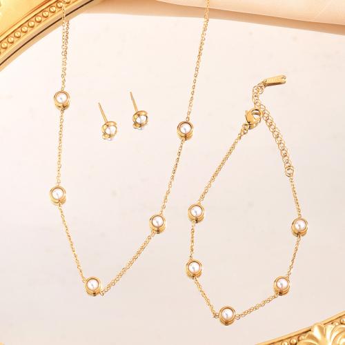 Jewelry Sets, Titanium Steel, with Plastic Pearl, plated, fashion jewelry & different styles for choice & for woman, golden, Necklace size :40-5cm; Bracelet size :16-5cm., Sold By PC