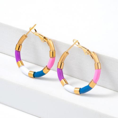 Titanium Steel  Earring, plated, for woman & enamel, multi-colored, Sold By Pair