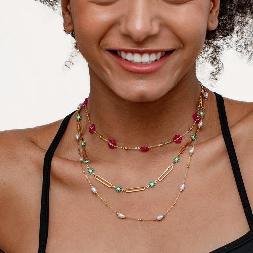 Collier d'acier titane, avec verre & perle de plastique, Placage, pour femme & émail, Or, Vendu par PC