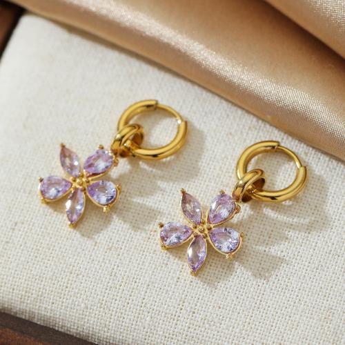 Titanium Steel  Earring, petals, plated, micro pave cubic zirconia & for woman, gold, Sold By Pair