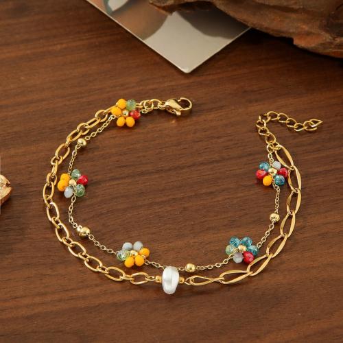 Collar de Acero Titanio, Partículas de acero, con Vidrio & resina & Perlas plásticas, chapado, diferentes estilos para la opción & para mujer & esmalte, dorado, Vendido por UD