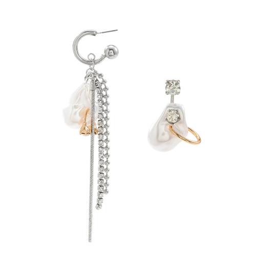 Boucle d'oreille dormeuse en alliage de zinc, avec perle de plastique, pour femme & avec strass, argent, Vendu par paire