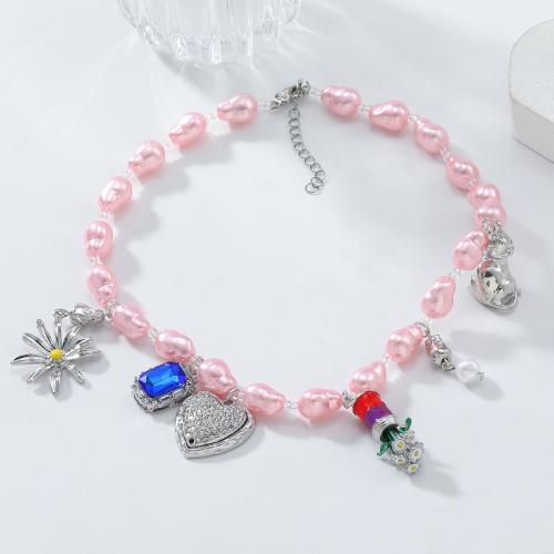 Collier de bijoux en alliage de zinc, avec résine, pour femme & avec strass, rose, Vendu par PC