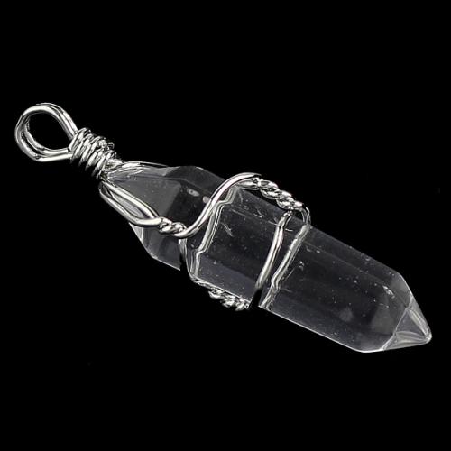 quartz clair Pendentif, avec laiton, pendule, Placage de couleur platine, naturel, protéger l'environnement, sans nickel, plomb et cadmium, 46x8mm, Trou:Environ 3x4mm, 5PC/sac, Vendu par sac