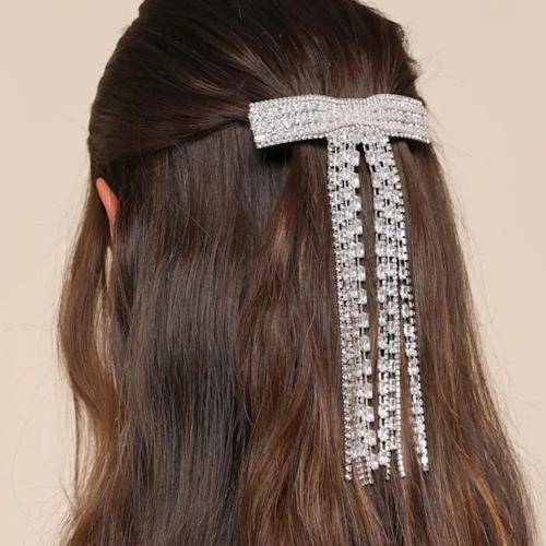 Brass Bowkont Hair Clip, for woman & with rhinestone, silver color, 170x70mm, Sold By PC