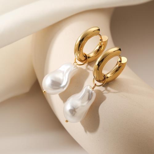 Huggie Hoop Drop Earring, 304 Stainless Steel, with Plastic Pearl, gold color plated, for woman, white, Sold By PC