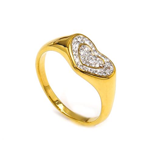 Titanium Steel Finger Ring, gold color plated, fashion jewelry & different size for choice & with rhinestone, golden, Sold By PC